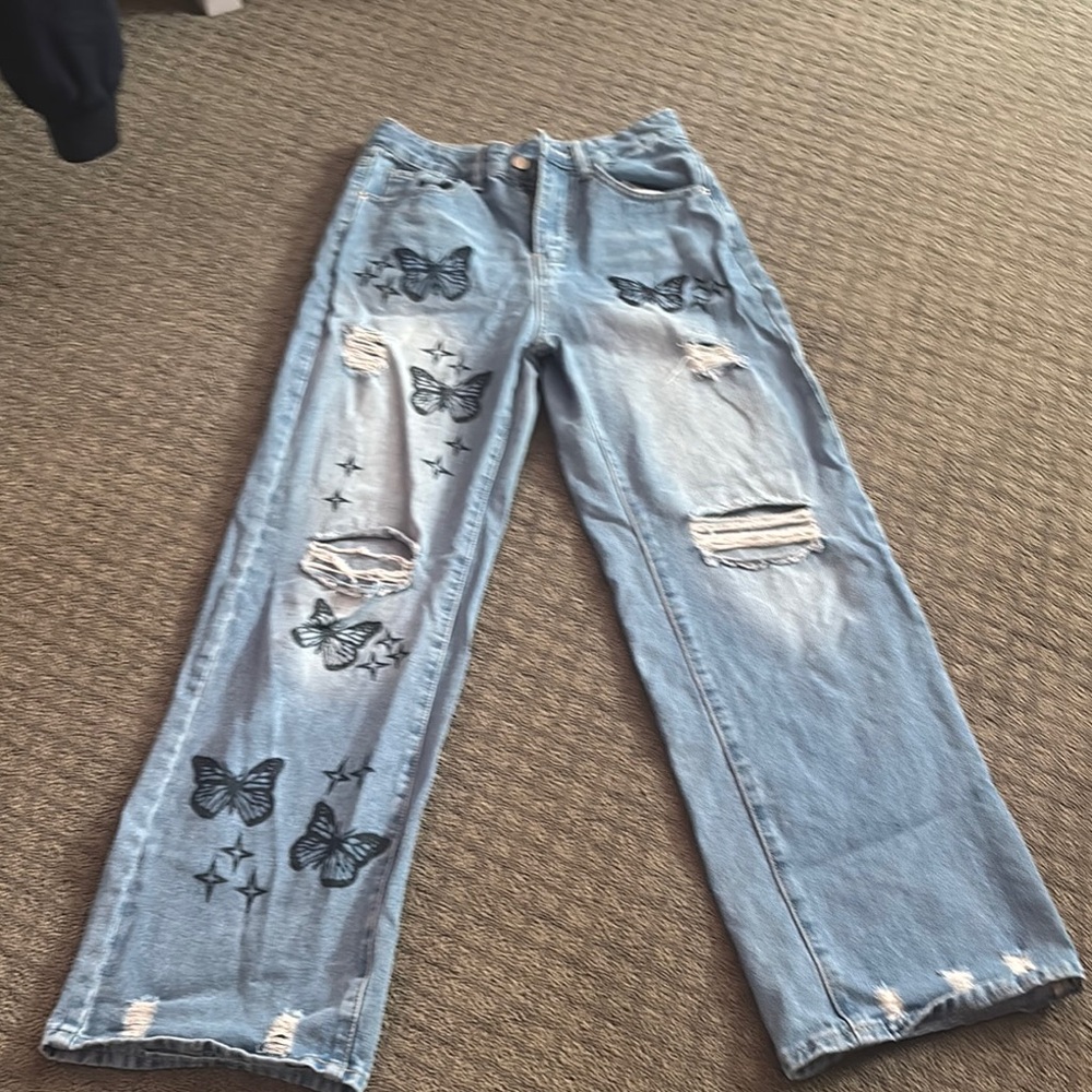 Blue Butterfly Embroidered Women's Jeans